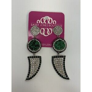 Sassy Jones Tizani Dangle Rhinestone Emerald Green Earrings New
